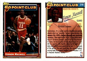 1992-93 Topps Basketball Card 210 VERNON MAXWELL 50 POINT CLUB HOUSTON ROCKETS