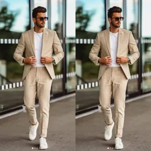 Suede Biege Men Suits 2 Pieces Men Tuxedos Peak Lapel Slim Fit Blazers Pants - Picture 1 of 8