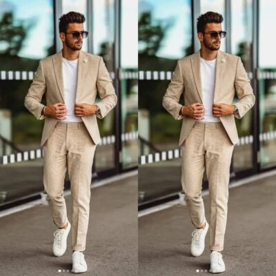Biege Suede Men Suits 2 Pieces Men Tuxedos Peak Lapel Slim Fit Blazers Pants - Image 1 of 4