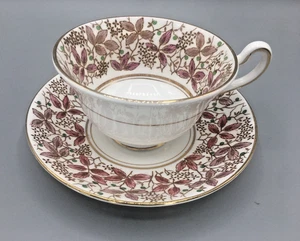 Rosina Teetasse & Untertasse Bone China 4902A Cranberry Blattranken grüne Punkte England - Bild 1 von 21