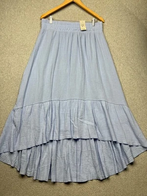 Ashley Stewart Gauze Cotton Midi Skirt Womens Size 14/16 High Low Tiered Blue - Image 1 of 4