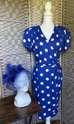 Vestido De Colección Años 70 Jo Lester Azul Blanco Lunares Derby Steeplechase Fascinator Talla 6 Foto 1 de 4