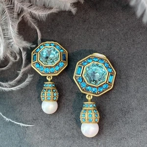Heidi Daus Art Deco Crystal Pearl Drop Clip on Earrings SIGNED - Picture 1 of 7