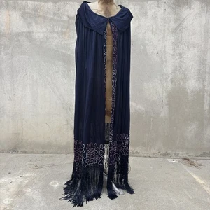 Antik 20er Jahre blau Viskose Strick & Hand Perlen Cape Fransen Deko Kleid Mantel Vintage - Bild 1 von 22