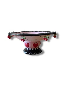 Mary Engelbreit Pink & Black Ceramic Pedestal Bowl With Cherry Accents 2001 - Picture 1 of 18