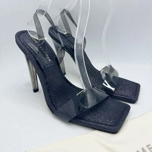 GOOD AMERICAN Black Crystal Crush Lucite Sandal Size 8.5 Black Glitter New - Picture 1 of 11