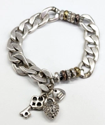 Fossil Silver Tone Key Heart Lock Pendant Charm Chain Stretch Bracelet - Image 1 of 4