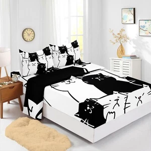 Kids Cartoon Cat Sheet 4Pcs Queen Black and White Kitten Sheet Cute Pet Cat B... - Picture 1 of 6