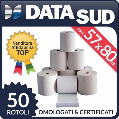 50 ROTOLI TERMICI MM 57x80 METRI CARTA DI ALTA QUALITA' - REGISTRATORI DI CASSA