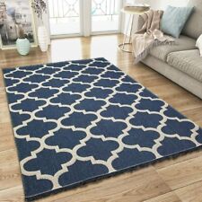 Large Navy Blue Rug Cotton Flatweave Washable Moroccan Trellis Living Room Mat