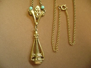 VINTAGE SIGNED ART EGYPTION REVIVAL TURQUOISE BEADED GOLD TONE CHAIN NECKLACE - Picture 1 of 7