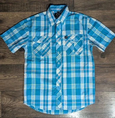 Xadrez azul e branco polo sul listras amarelas vermelhas manga curta botão para baixo tamanho P - Imagem 1 de 4