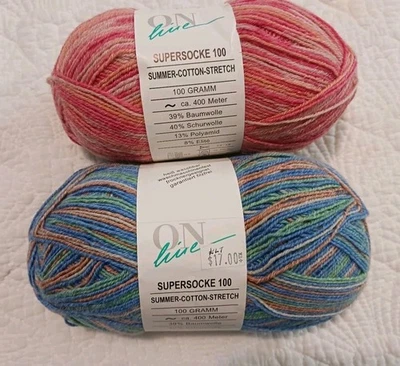 OnLine Supersocke 100 Summer Stretch Striping Yarn Wool-Cotton 2 Sks Blue & Cora - Image 1 of 4