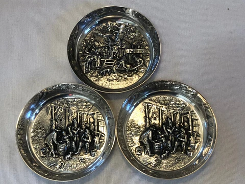 3 Antique Sterling Silver Repousse Village Scene Ashtrays or Salt Cellars Cover
