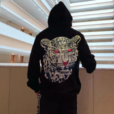 Fashion Leopard Rhinestone Hot Drill Diamond Winter Hoodie Men Luxury Sweatshirt - Image 1 of 4