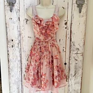 LC Lauren Conrad Size 2 Woman's Pink Purple Beige Belted Ruffle Party Dress - Picture 1 of 9