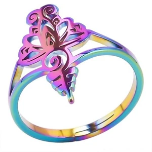 Womens Rainbow Lotus Flower Ring 316L Stainless Steel Adjustable Lily Boho Band - Picture 1 of 6