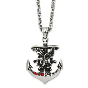 Stainless Steel Antiqued and Polished w/Red Crystal Anchor/Eagle Necklace - Picture 1 of 1
