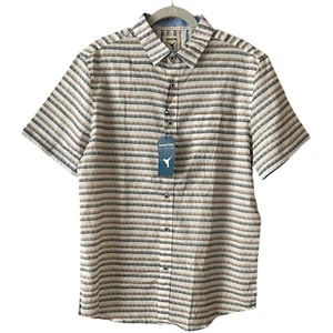 NATURAL BLUE Striped Shirt sz L Brown Blue & White LINEN/COTTON Short Sleeve NWT - Picture 1 of 10