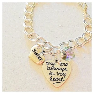Sister Silver Custom Charm Bracelet 'You Are Always in My Heart' Jewelry Gift - Picture 1 of 3