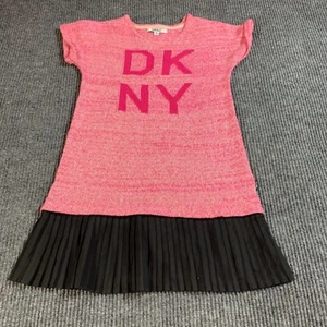 DKNY Sweater Dress Girls M Pink Short Sleeve Spell Out Cotton Blend Stretch - Picture 1 of 14