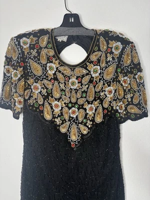 Vintage Stenay SZ 14 Silk Black Evening Dress Gown Sequin Bodycon - Image 1 of 4