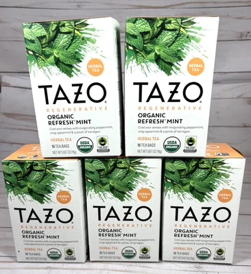 Tazo Regenerative Organic Refresh Mint Tea Bags 16 Count (5 Pack) BB 1/1/26 - Image 1 of 4