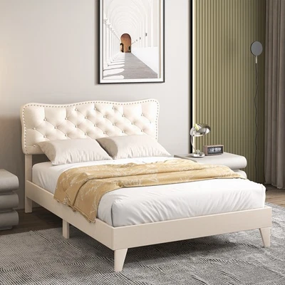 Full Bed Frame Linen Upholstered Platform w/ Nail Headboard Mattress Foundation - Image 1 of 4