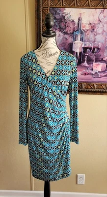 Calvin Klein Womens Blue Geometric Long Sleeve Knee Length Wrap Dress Size 10 - Image 1 of 4