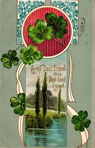 Vtg Postcard Shamrock Four Leaf Clovers To My Dear Friend this Postcard I Send - Picture 1 of 2