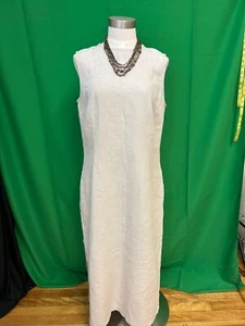 Rafaella Maxi Sheath Dress Size 14 100% Linen Button Back Beige Bonus necklace - Picture 1 of 9