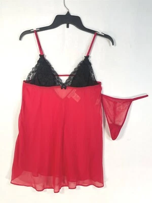 Linea Donatella Juego de 2 piezas Chemise y Tanga Mujer Pequeñas Tazas con Cordones Rojo Foto 1 de 4