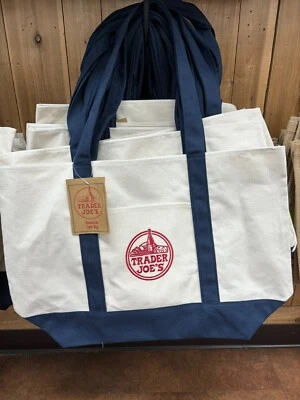 Trader Joes Reusable Large Canvas Eco Tote Bag Blue White, NEW WITH TAG - Image 1 of 4