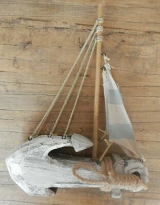 Anchor wood sailboat Ornament sailing yacht Rustic style Nautical Freestanding - Picture 1 of 7