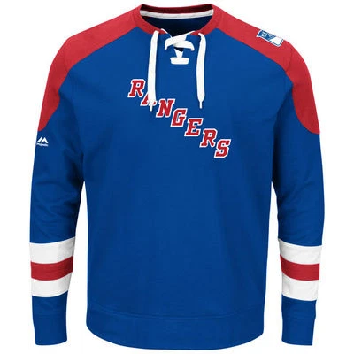MAJESTIC NHL Sweater NEW YORK NY RANGERS blau Centre Pullover Crewneck Lace-Up Sweatshirt