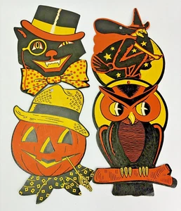 Vintage gestanzte Halloween Katze Hexe Eule Vogelscheuche Kürbis geprägt H.E. Luhrs USA - Bild 1 von 21