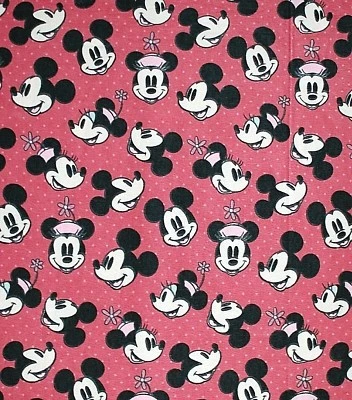 BTY*FACE MASKS*MICKEY/MINNIE ON DK HOT PINK POLKA DOT FLANNEL FABRIC 1 YD 42x36" - Image 1 of 3