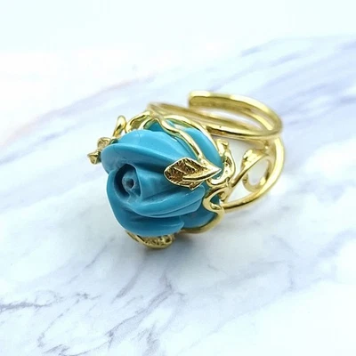 Anello  Fiore Rosa Pasta di Turchese Argento 925 Oro Giallo 18 KT Artigianale  - Immagine 1 di 4