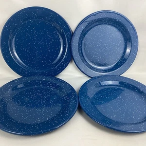 Blue Speckled Metal Enamel Dinner Plates Camping/Picnic/BBQ Set of 4 VTG - Picture 1 of 11