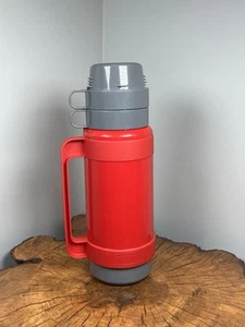 Vintage Travel Thermos 1 Liter Red Insulated With 2 Cups England Model 32-100F - Picture 1 of 10