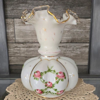 Fenton Handpainted Silver Crest Charleton Roses & Bow Tie Melon Vase 8.25"H - Image 1 of 4