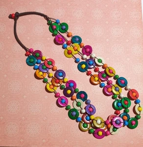 Collana Perline Legno Multicolore Fatta a Mano Boho Lunghezza 24 In Dichiarazione Gioielli - Foto 1 di 5