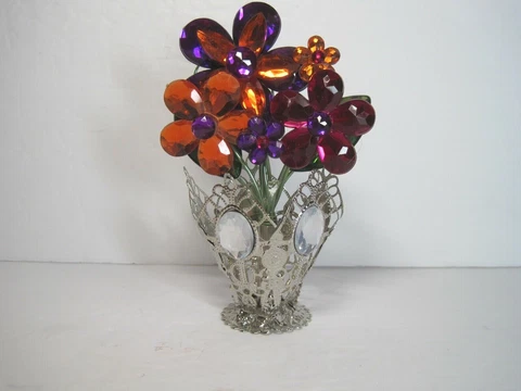 Decorative Miniature Metal Basket With Colorful Plastic Flowers Home Decor 5" H Cover