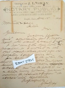 1886 TEMPLE TEXAS J. L. GRAY NOTARY PUBLIC LAND LIVESTOCK AND LOAN AGENT - Picture 1 of 1