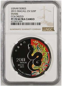 NGC PF70 China Macau Lunar Snake Zodiac Silver Coin 1oz 20 Patacas 2013 - Picture 1 of 2