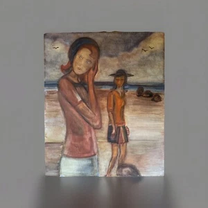 MID CENTURY MYSTERY ARTIST WOMEN BY SEA OCEAN 60's OIL PAINTING - Picture 1 of 10