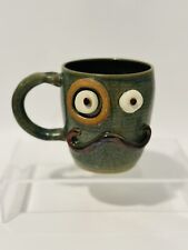 The Ug Chug Coffee Mug Cup Pottery Green Funny Face With Mustache Signed 2013