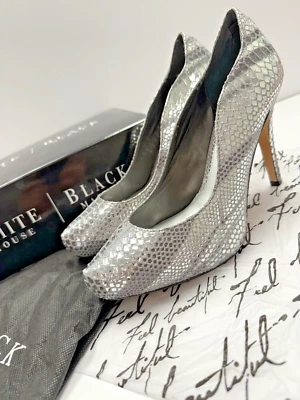 White House Black Market Rece Sz8 Silver Metallic Snake Print Platform Heels New - Image 1 of 4