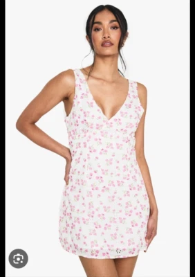 Mini Vestido Para Mujer Talla L Blanco y Rosa Floral Babydoll Satén Caprichoso Corbata Cintura Foto 1 de 4