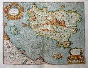 ITALIA MAGINI MAPPA COLORATO ISCHIA ISOLA OLIM AENARIA NATANTI CARTOUCHE 1620 - Foto 1 di 1